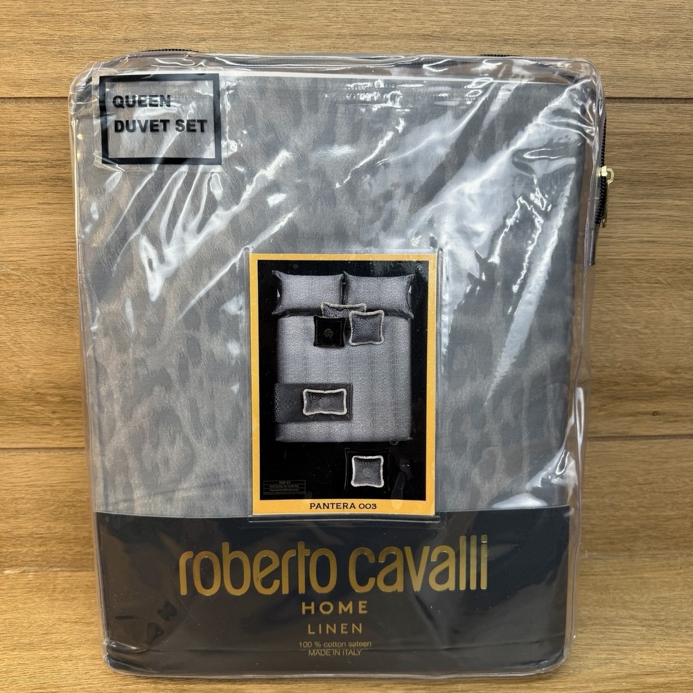 Roberto Cavalli QUEEN Duvet Cover Set 3pc Grey Gray Leopard Print Luxury Bedding